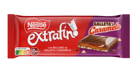 embalagem de NESTLÉ® EXTRAFINO® Tablete Chocolate de Leite com Bolacha e Caramelo