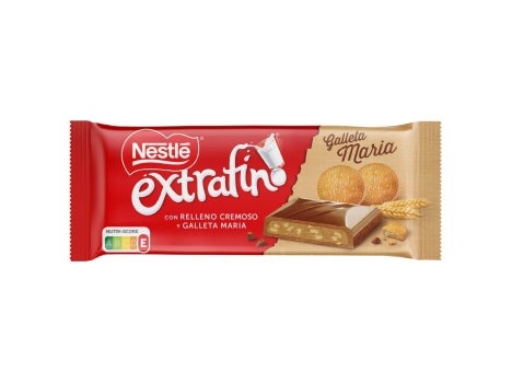 embalagem de NESTLÉ® EXTRAFINO® Tablete Chocolate de Leite com Recheio Cremoso e Bolacha Maria